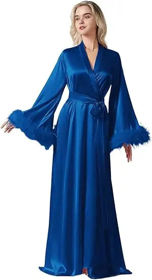 Long Feather Sleeve Bathrobe Sexy Ice Silk Kimono Wedding Bride Dress Women Loose Sleepwear Loungewear Casual Nightgown