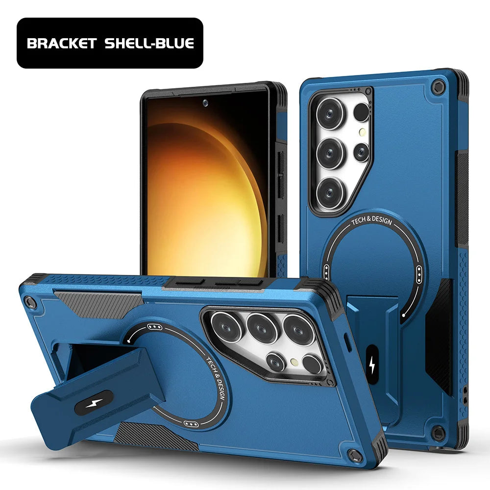 Magnetic Armor Case For Samsung S26 S25 Ultra S24 Plus A56 5G A36 A26 A16 A06 With Holder Cover Wireless Charging Bracket Cover