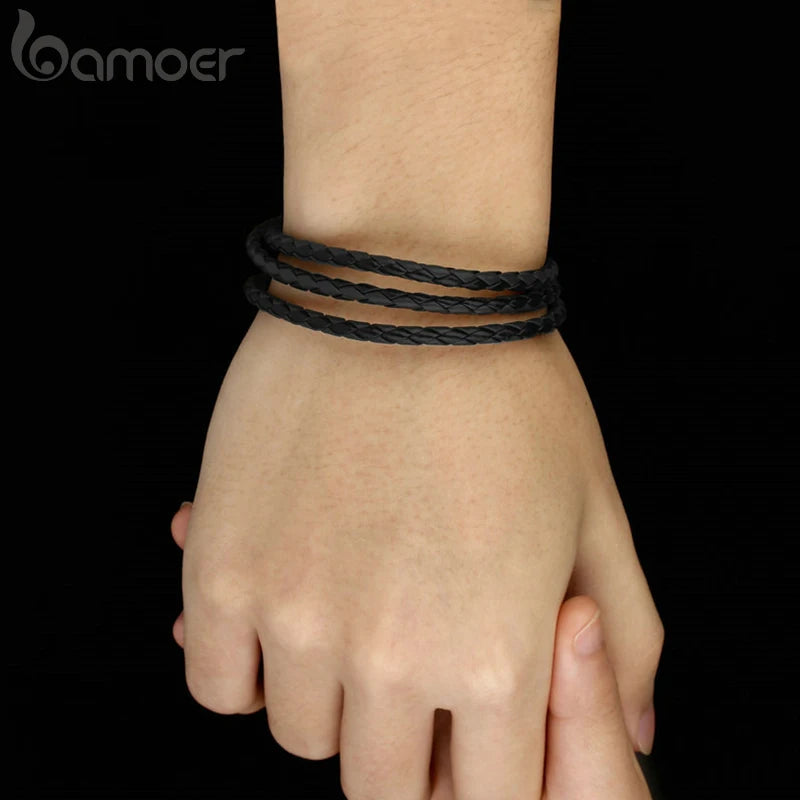 BAMOER PU Leather Bracelet Multi-layer Wrap Braid Long Chain Adjustable Magnet Buckle Unisex for Women and Men Stackable Jewelry