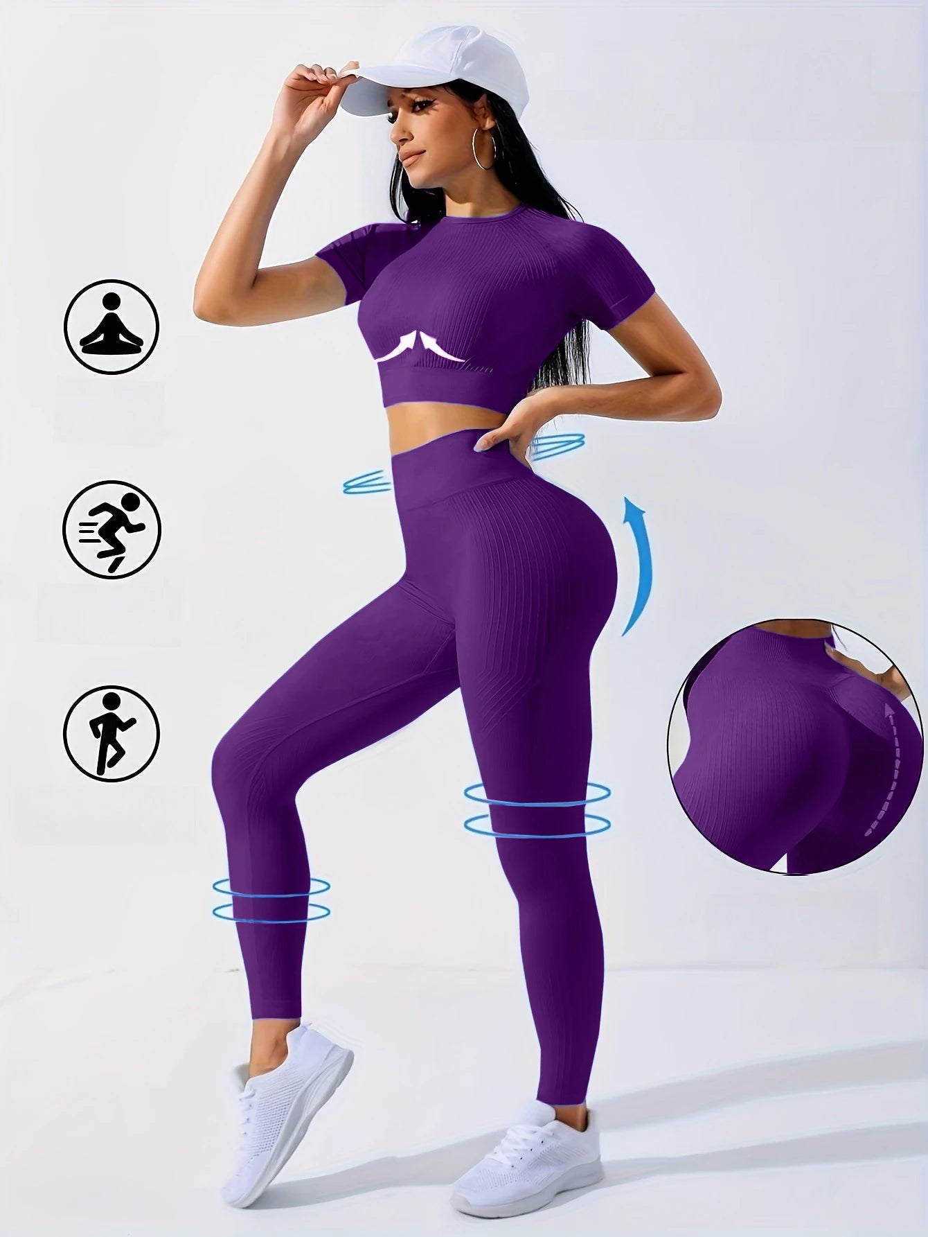 Workout Sets Outfits for Women – Yoga Leggings with Short Sleeve Crop Top, Slim Fit Tummy Control Butt Lifting Waist Shaping, Seamless Ribbed Texture, Breathable Soft Fabric, Non-Pilling, Perfect for Fall Winter Gym Yoga Ru