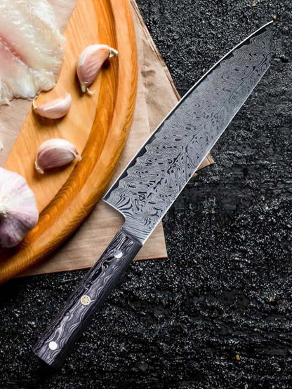 Damascus Chef Knife - Japanese Santoku Slicing Knife with Solid Wood Handle