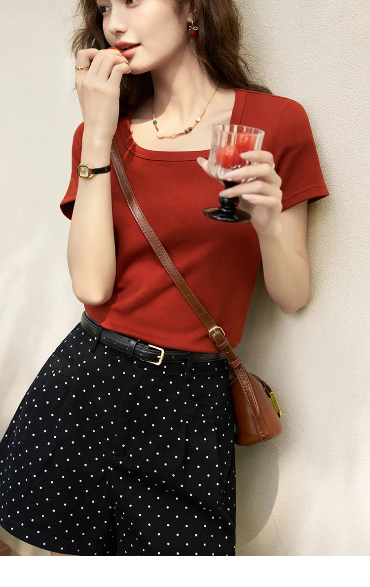Women's Square-Neck T-Shirt – Elegant Cotton Short-Sleeve Top