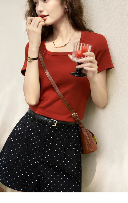 Women's Square-Neck T-Shirt – Elegant Cotton Short-Sleeve Top