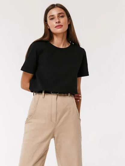 Wolfeel Summer 100% Cotton Women's T-shirt Bottoming Basic Fashionable Solid Lady Short Sleeve Loose Tops Shirts 230g/㎡ Tops