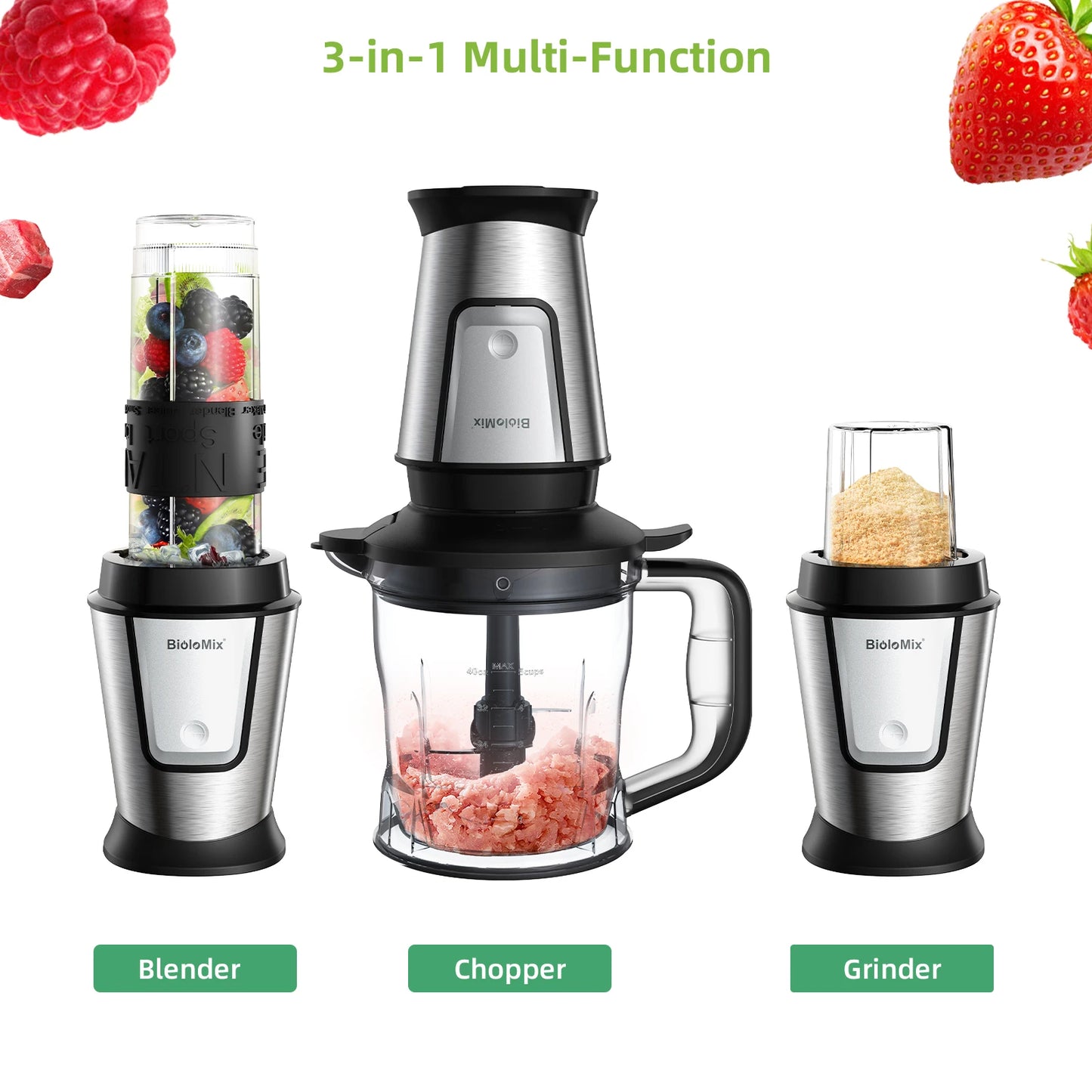 3-in-1 Food Processor - 700W Portable Juicer Blender  Chopper