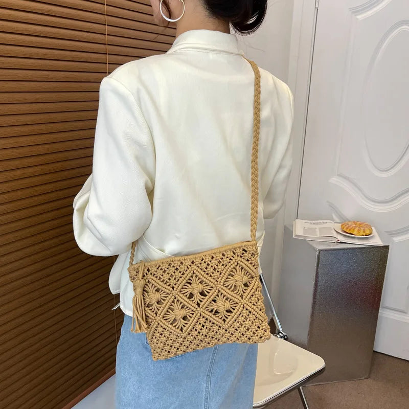 Handmade Cotton Crossbody Bag - Vintage Tassel Shoulder Messenger for Women Summer Beach Handbag 2023