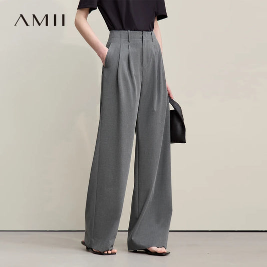 Amii Minimalism Women' S Pants 2026 Spring New Versatile Pleated Loose Wide-leg Pants Solid Color Casual Basic Trousers 12641076