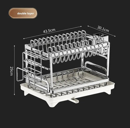 Dish Drying Rack - 2 Tier Stainless Steel Over Sink Shelf with Utensil Holder