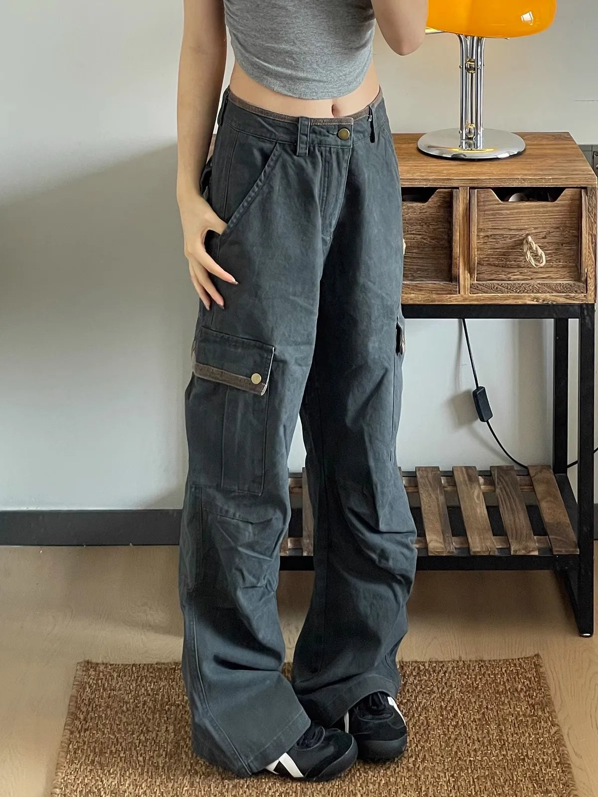 American Retro Workwear Denim Pants Women's High Waist Wide Leg Loose Straight Cut Trousers Spring Autumn New Sle Multi ket
