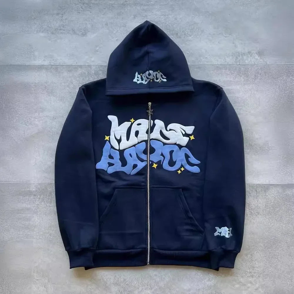 Men's Retro American Letter Zipper Printed Hooded Sweatshirt, Unisex Autumn and Winter Open Cardigan