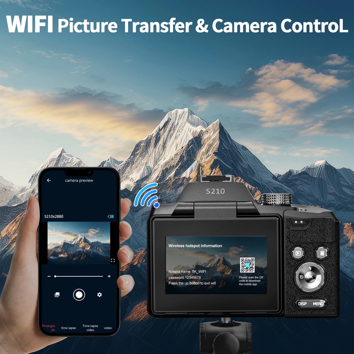 64MP Digital Camera - 5K Video, 16X Optical Zoom & WiFi Camera Control for Vlogging