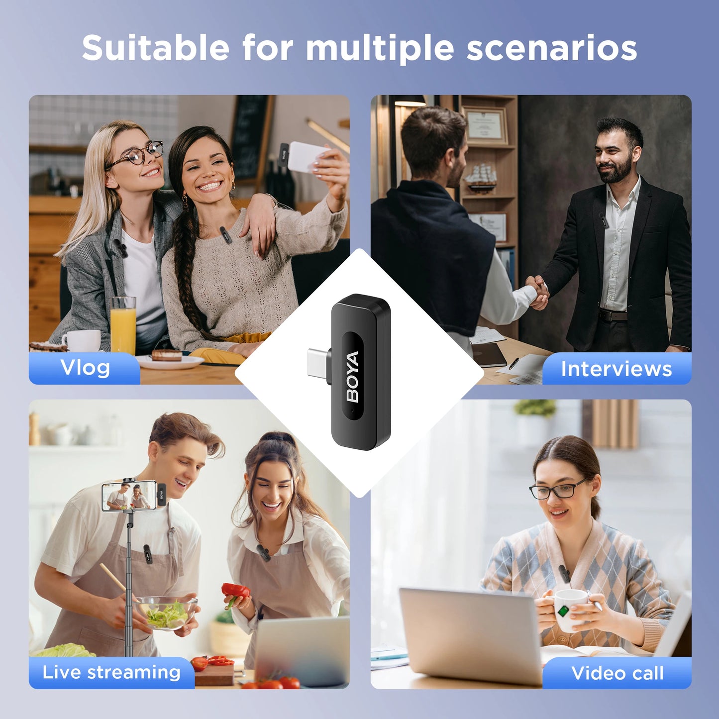 BOYA Wireless Lapel 2pcs Microphone for Android Smartphone Laptop - Omnidirectional USB C Condenser Video Recording Microphone