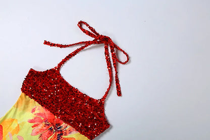 Weird Puss Floral Print Backless Dress Women Trend Halter Sequin Patchwork Bandages Sleeveless Stretch Sexy Vacation Bodycon