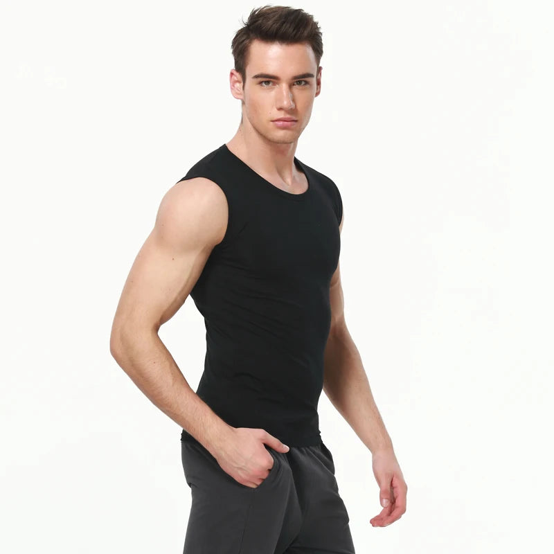 Men's four seasons tight cotton vest leisure sports fitness running teenagers round neck sleeveless T-shirt can be built inside