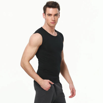 Men's four seasons tight cotton vest leisure sports fitness running teenagers round neck sleeveless T-shirt can be built inside