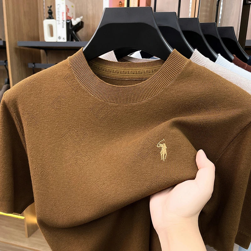 High-end Men's Crew Neck Knitted Sweater Casual Embroidered Trendy Base Shirt Short-sleeve T-shirt Solid Color Top for Summer