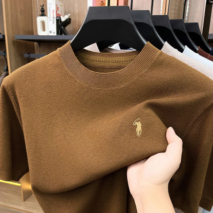 High-end Men's Crew Neck Knitted Sweater Casual Embroidered Trendy Base Shirt Short-sleeve T-shirt Solid Color Top for Summer