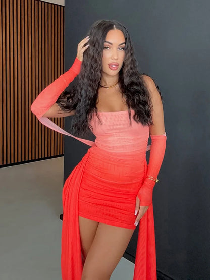 kliou Mesh Simple Women Mini Dress Fashion Solid Strapless Ribbons Tassel Body-shaping Vestidos+Seperately Full Sleeve Gloves