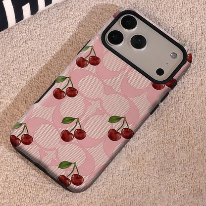 Fashionable Pink Mesh Cherry Phone Case for iPhone 17 16e 16 15 14 13 12 11 7 8 Air Pro Max Plus Luxury Double-layer Back Cover