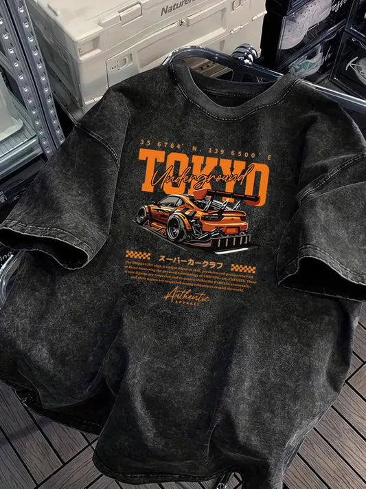 Men's Fashion 100% Cotton Retro Washed Pattern T-Shirt Street - Summer Casual Loose Fit Graphic Tee Round Neck Short Sleeve