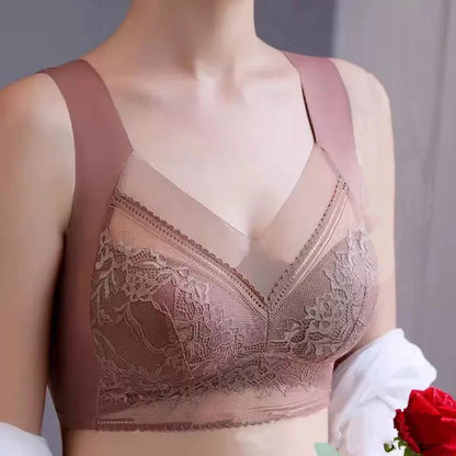 Plus Size Bra - Women's Lace Padded Comfort Bra With Ice Silk Fabric, Wire Free Support