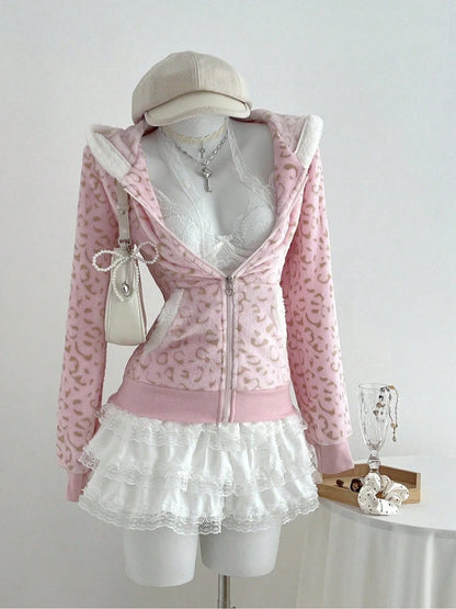 Cute Pink Leopard Pint Hooded Y2k Clothes Aesthetic 2000s Vintage Kpop Women's Sweatshirts Zip-up Grunge Gyaru Hoody Gothic Top