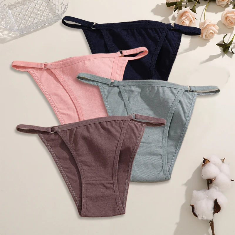 FINETOO 4Pcs Women's Cotton Panties Sexy Metal Ring Waist Underwear Solid Breathable Panties Ladies Soft Briefs Comfort Lingerie