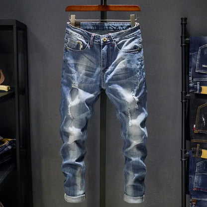 Mens Ripped Slim-Fit Denim Jeans - American Korean Style Cotton Pants