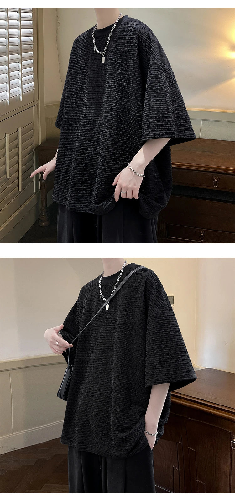 Summer Striped Texture T Shirt Men Korean Style Short Sleeve Loose  Fashion Casual Easy-care Tshirt Oversized Tops White/Black