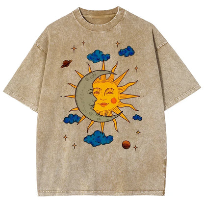 Men's Oversized T-Shirt - Retro Printed Tee With Moon And Sun Print, Breathable Cotton