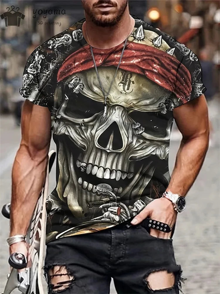 Mens Oversized 3D Skull Print T-Shirt - Summer Horror Fashion Tee - ZOOMNSTORE