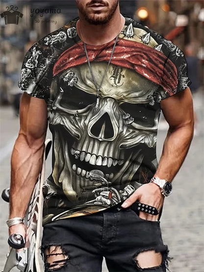 Mens Oversized 3D Skull Print T-Shirt - Summer Horror Fashion Tee - ZOOMNSTORE