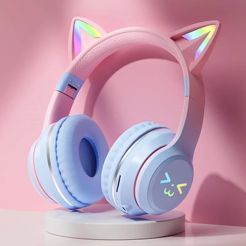 RGB Luminous Cat Ears Wireless Bluetooth Headphones With Microphone Headset Gamer Girl Call Noise Reduction Hifi Sale Handfree