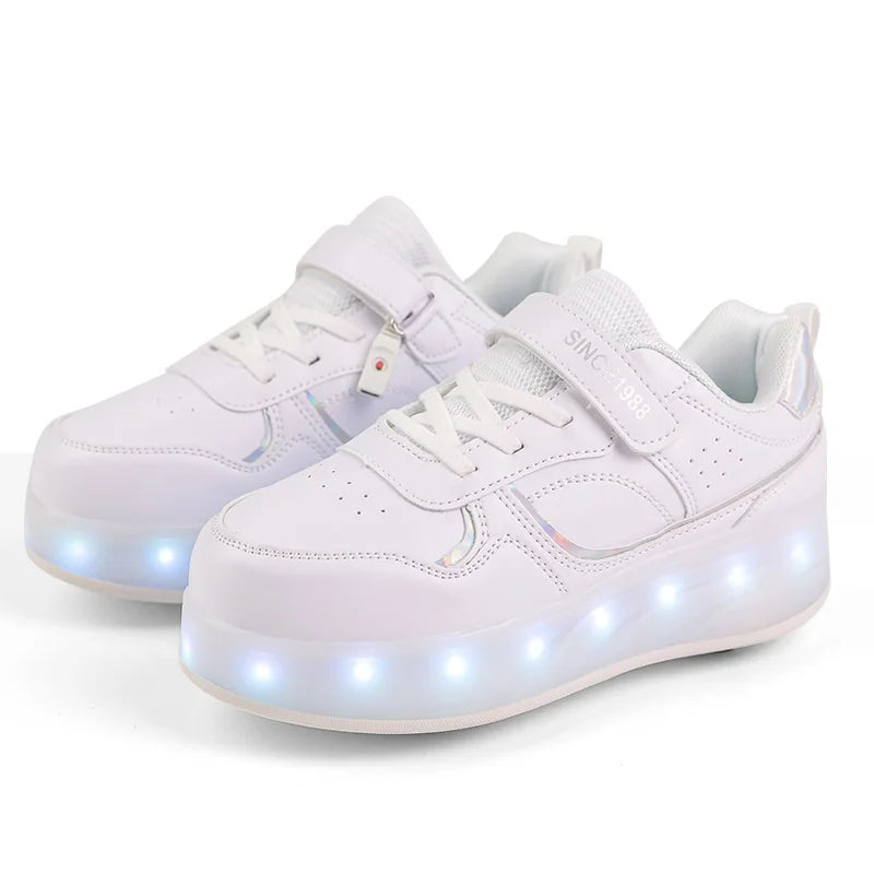 Roller Skate Shoes - Kids LED Light Sneakers With Hook & Loop Closure