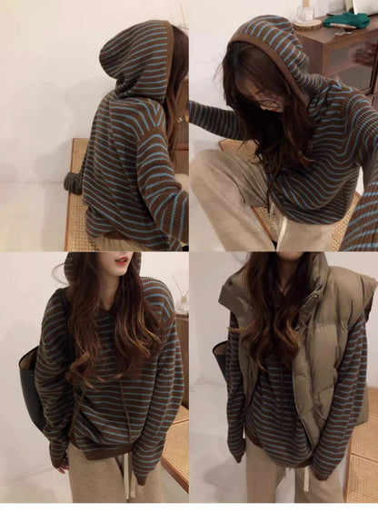 Autumn Winter Women's Vintage Knitted Hat Coat Soft Cozy Loose Fit Striped Hoodie Sweater Outerwear Trendy Commute Style Long...