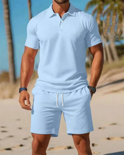 Summer new men's polo shirt set casual sporty cool fashionable slim fit solid color short sleeved shorts set men's