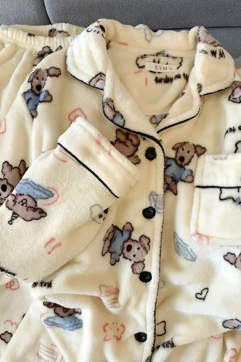 Plus Size Fluffy Winter Pajamas Women's Home Clothes Set Thickened Warmth Sleepwear with Running Dogs Design Cozy Indoor Suit