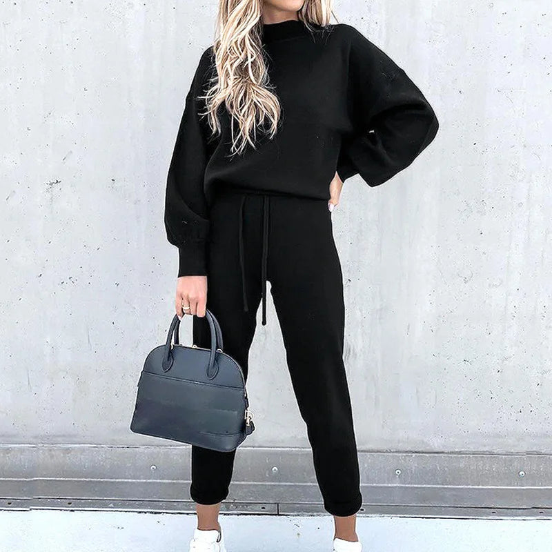 2025 Autumn and Winter Women's Sweater High Collar Casual Pure Color Trousers Two-piece Set