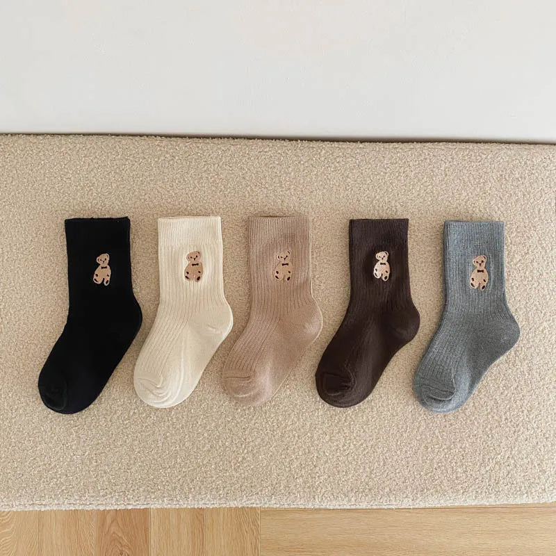 1 Pairs Cotton Kids Socks Korean Retro Style Bear Embroidery Girls Boy Toddler Knitted Socks Warmth Tube Socks For 1-9 Year