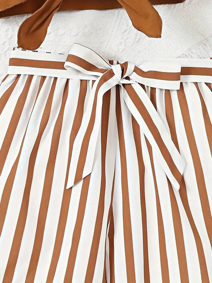 Women's casual daily short sleeved love printed+striped printed shorts 2-piece set with random belt striped children's clothing
