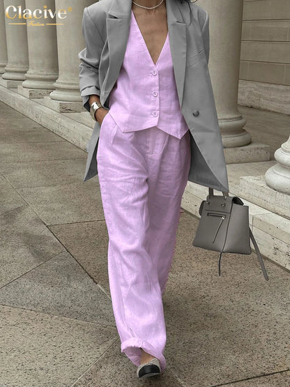 Clacive Summer White Linen Two Piece Set For Women 2023 Fashion Sleeveless Tank Top New In Matching High Waist Wide Pants Set