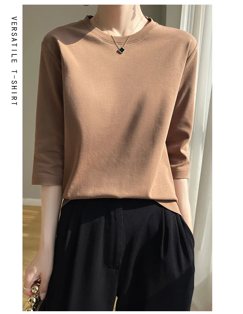 Summer Cotton Short-Sleeved T-Shirt Women's Round Neck Seven-Point Sleeves Loose Mercerized Cotton Half-Sleeve Shirt New T-shirt