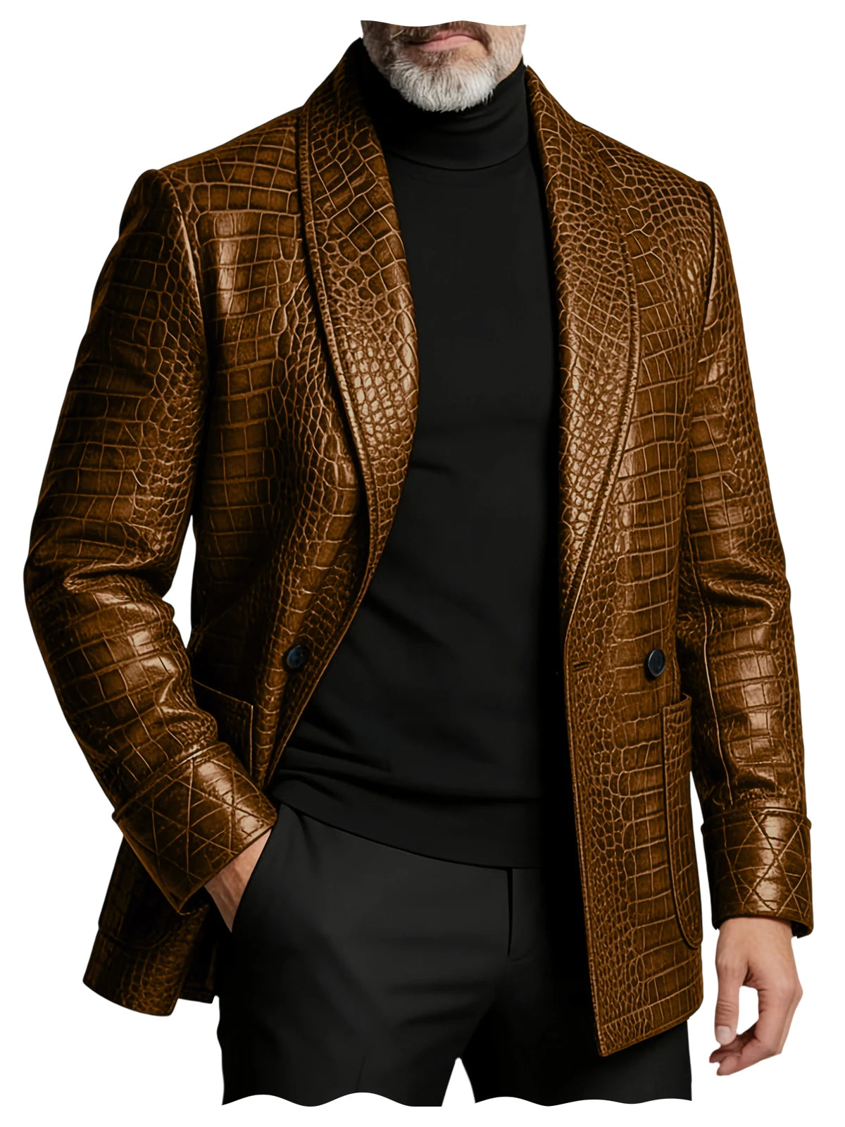 Men's Crocodile Embossed Leather Blazer Double Breasted Business Casual Brown Jacket Office Wear Formal Plus Size  Suit Coat