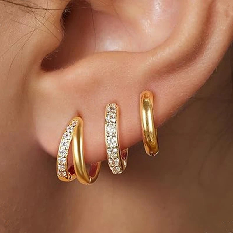 Square Zirconia Hoop Earrings Set – 3 Pairs, Stainless Steel