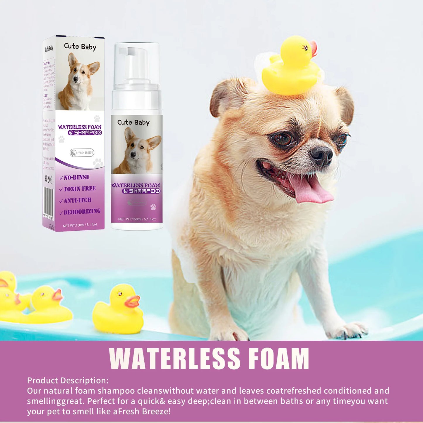 Water Free Dry Cleaning Mousse for Cats Dogs No Rinse Foam Spray Shampoo with Deodorizing Deep Cleaning Gentle Bath Gel