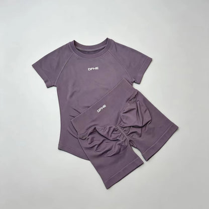 DFHE 2 Piece Athletic Tracksuit, Seamless Short Sleeve Yoga Wear, High Stretch Running Shorts, Gym Training Outfit