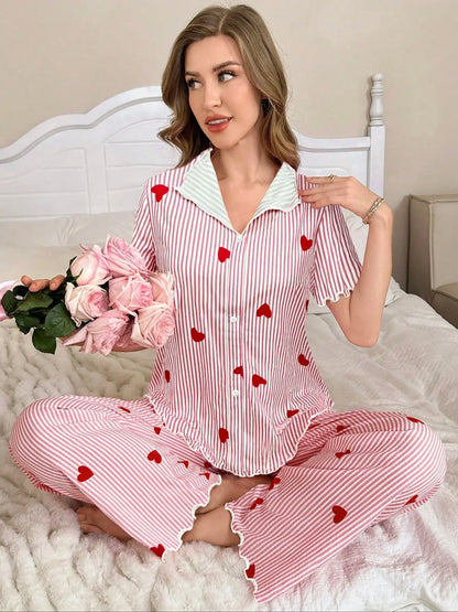 Women's Autumn and Winter Pajamas, Cute Striped Heart Print, Casual and Comfortable, Fashionable Short-Sleeved Long Pants, Can B