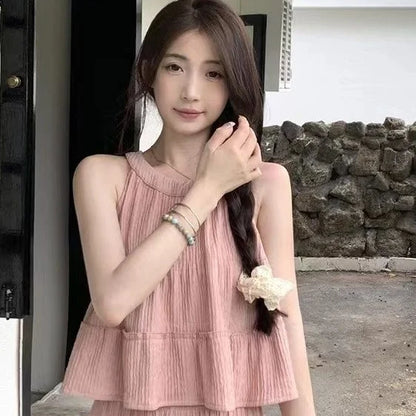 Faionable round Ne Svel Top High Waist Straight Leg Pants Women's Summer New Sle Korean Version Two-Piece Set
