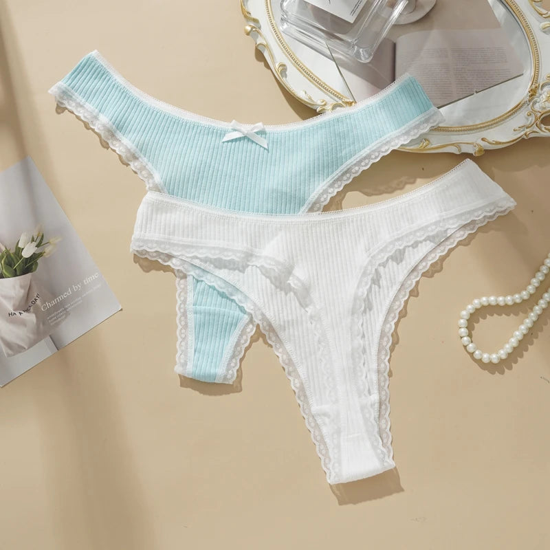 3PCS Sexy Low Waist Panties Women Lace Trim Solid Color Briefs M-XL Breathable Comfortable Lingerie Female Rib Cotton Underwear