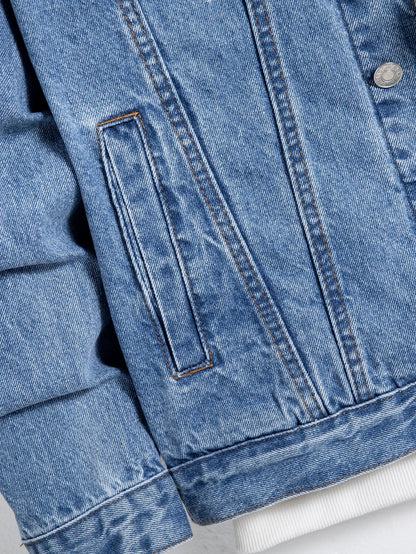 Men's Blue Denim Jacket for Spring and Autumn. Multi-Pocket Design. Regular Size with a Stylish Street Casual Style.